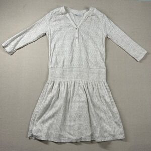 Prana Dress Womens M Drop Waist Rouched V Neck Geometric Cotton‎ 3/4 Sleeve Knee